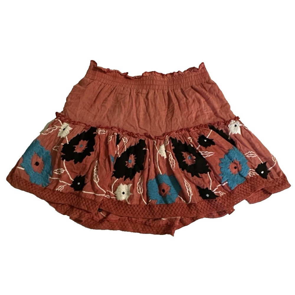 MISA Los Angeles Embroidered Boho Mini Skirt Small Coral Pink Floral